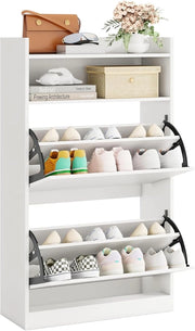 Scarpiera Slim in Legno, Portascarpe a 4 Livelli con 2 Cassetti a Ribalta, con Ripiano Aperto, Mobile Porta Scarpe per Ingresso Corridoio, 60x24x102 cm (Bianco)