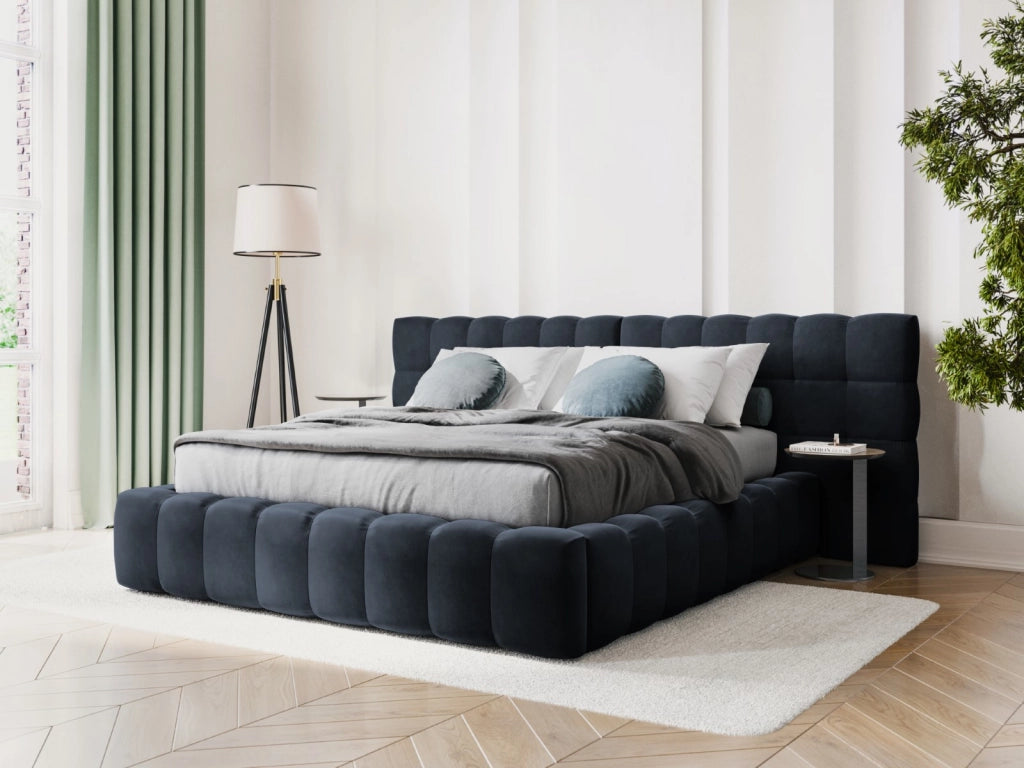 Cosmopolitan Design - Letto a cassettone con testiera doppia "Bali" 160x200cm in velluto blu scuro 