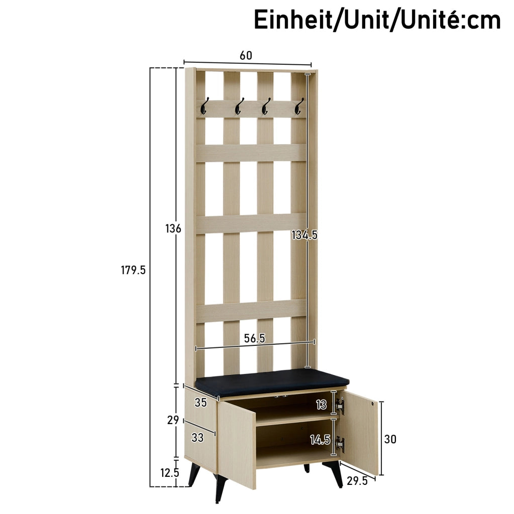 Garderoba da ingresso con panca e 4 ganci; 60x35x179;5 cm; MDF effetto legno