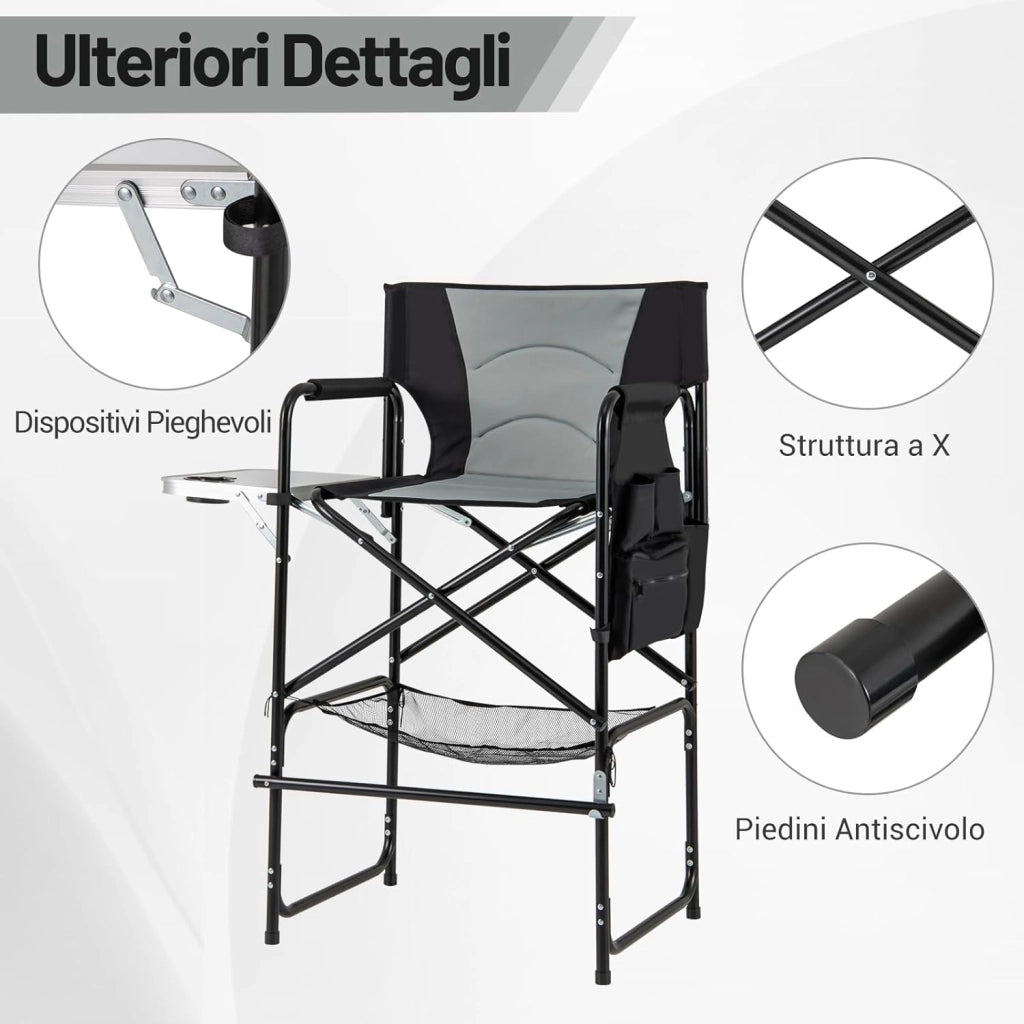 Sedia da Direttore Alta 116,5 cm, Sedia Campeggio Pieghevole per Truccatori con Tavolo Laterale Pieghevole & Poggiapiedi, Borsa in Rete e Tasca di Stoccaggio, Portata 150 kg