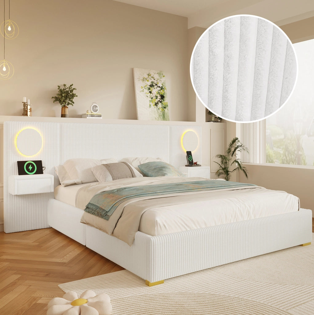 Letto imbottito beige 180x200 cm con LED, USB e comodini