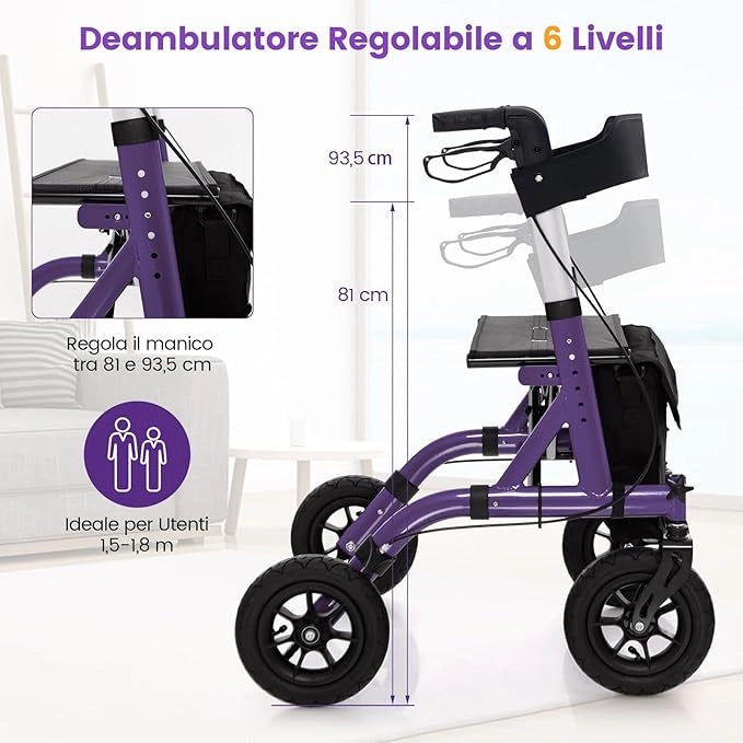 Deambulatore con Seduta 2 in 1, Rollator Pieghevole per Anziani con 4 Ruote, Maniglie Regolabili in Altezza 81-94cm, Portaombrelloni e Borsa Portaoggetti, Carico Massimo 160 kg (Viola)