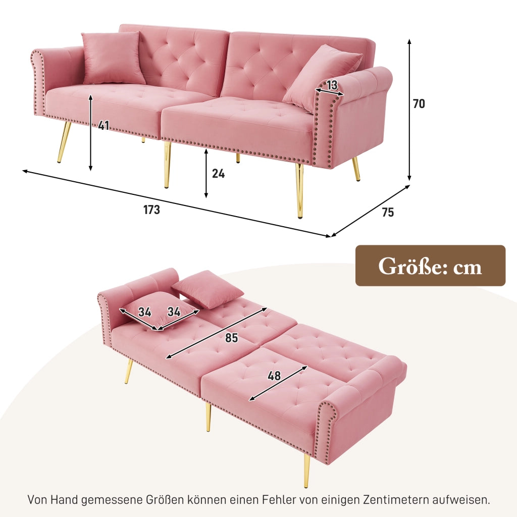 Divano letto 2 posti - con schienale regolabile e cuscini - in velluto rosa
