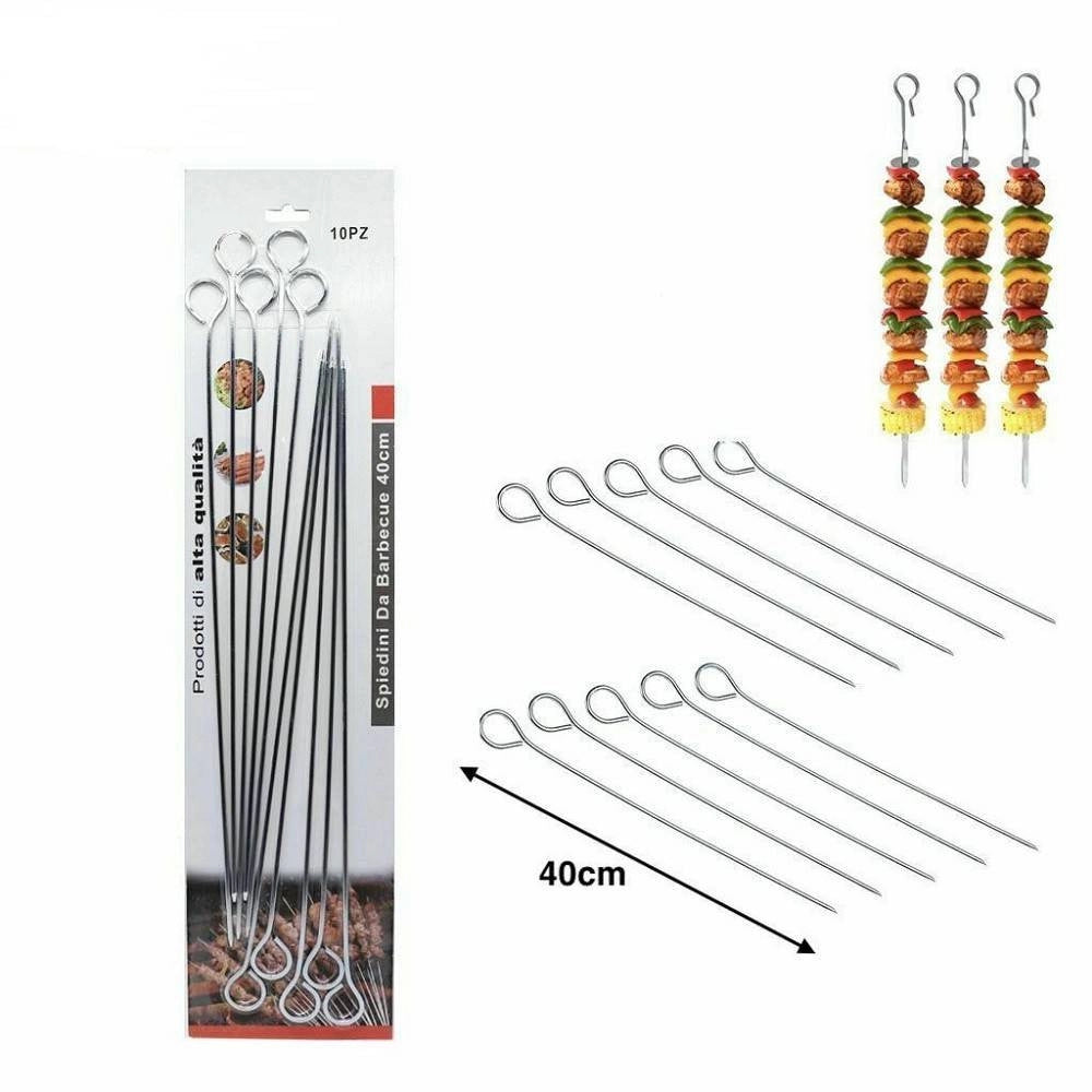 Trade Shop - Set 10 Pz Spiedini In Acciaio Per Barbecue Bbq Piastra Cucina Lunghezza 40cm -