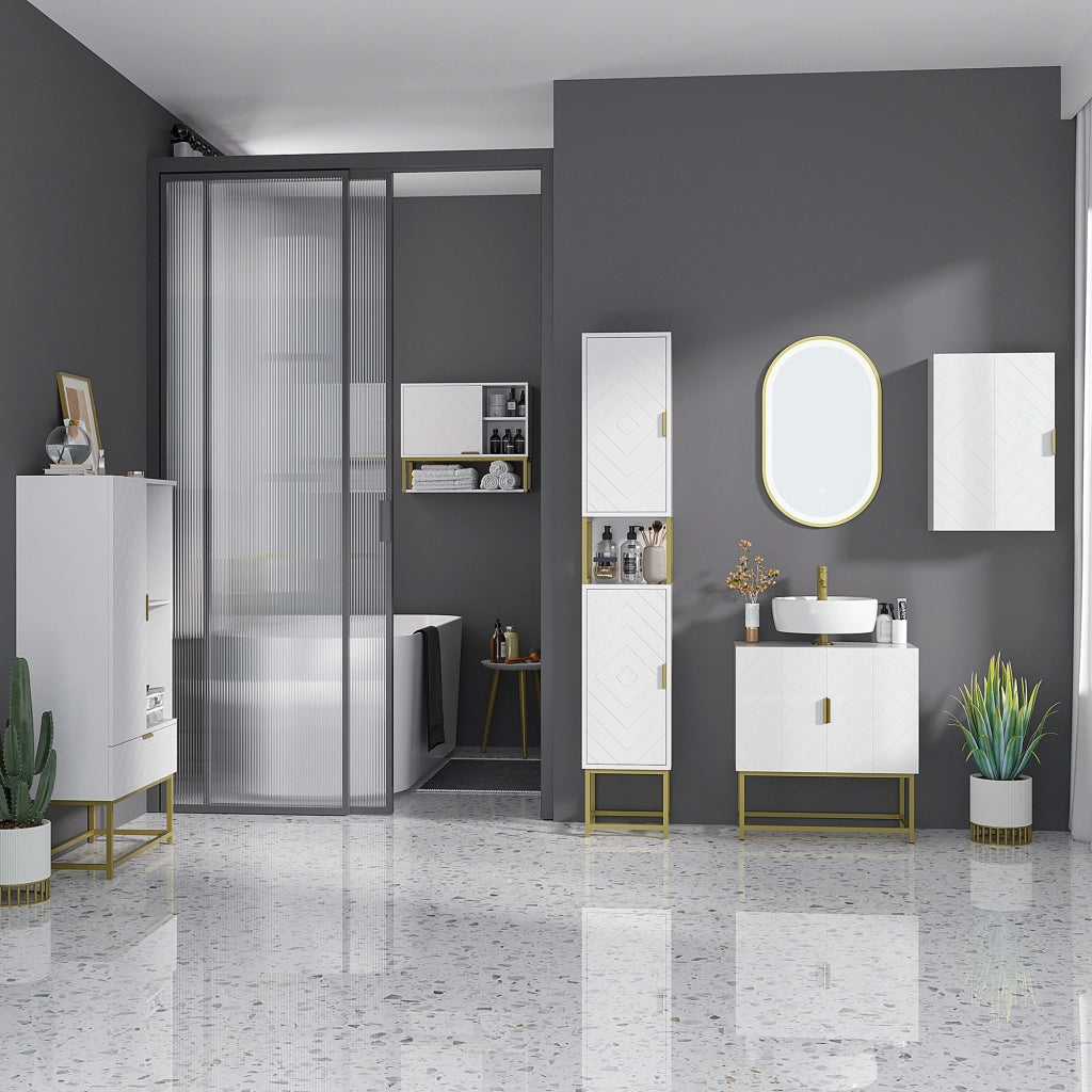 EasyComfort Colonna Bagno con 2 Armadietti e Ripiano in MDF e Acciaio, 30x30x170.7cm, Bianco e Oro