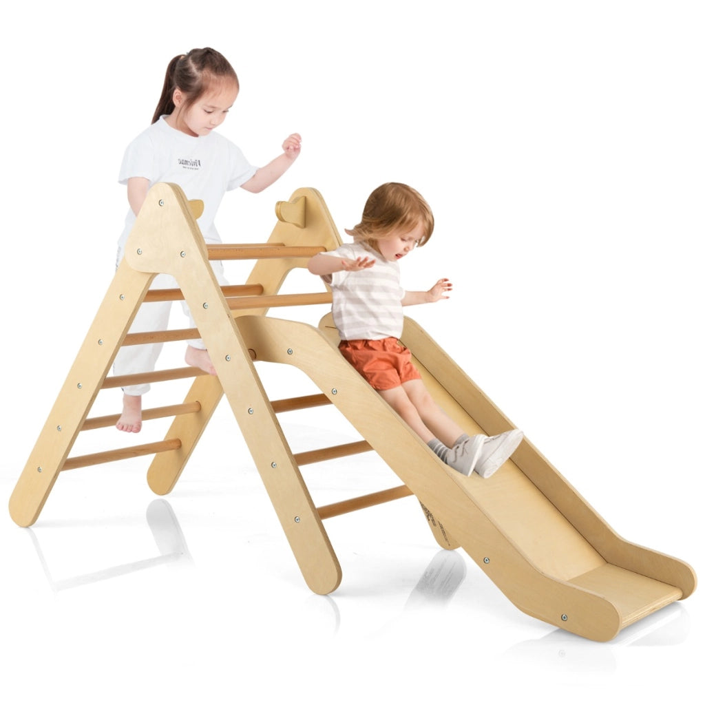 Set di arrampicata per bambini con scivolo 2-in-1, Arrampicatore in legno regolabile a gradi Naturale-Arrampicate e scivoli