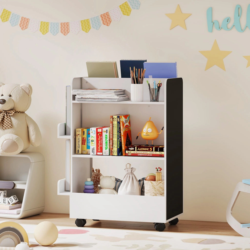 Libreria per bambini con 4 ripiani, cassetto, lavagna e rotelle ¨C zephmum ¨C 66.5x32.5x86.5 cm bianco