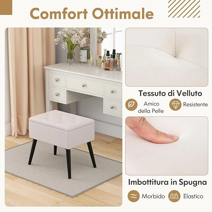 Sgabello da Toeletta con Contenitore, Pouf in Velluto con Gambe in Legno Massello & Seduta Imbottita per Cambio Scarpe, Poggiapiedi Moderno per Camera da Trucco, Ingresso (Beige)