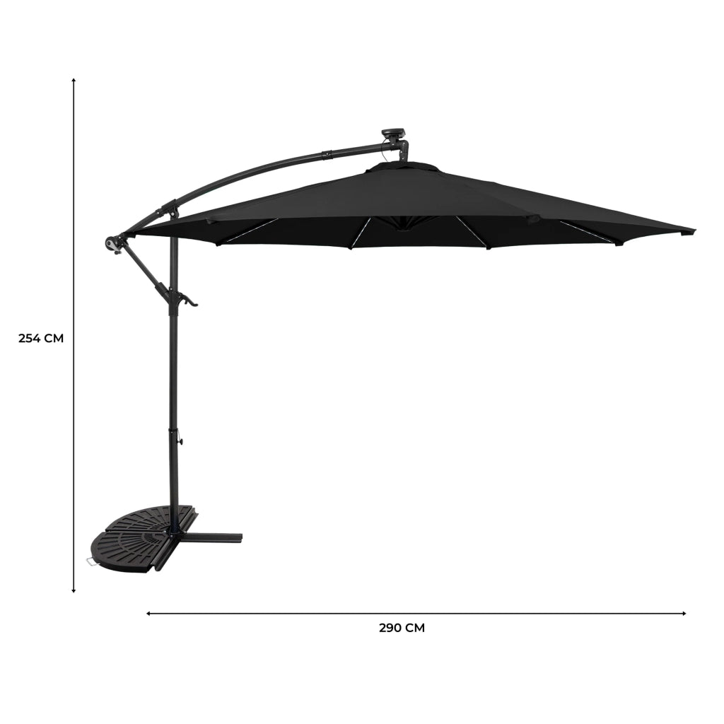 Ombrellone LED Decentrato 3m Nero Banana con Base 2 Pesi 28kg