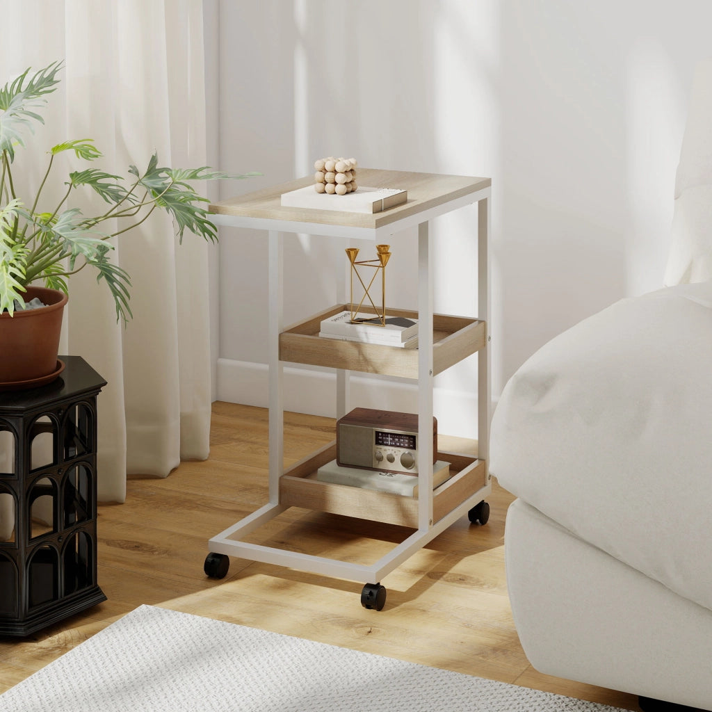 Tavolino da salotto con ruote ¨C zephmum ¨C bianco e naturale, acciaio, 51x33x66cm