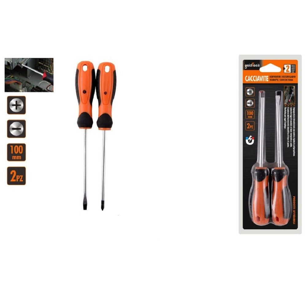 Trade Shop - Set 2 Pz Cacciavite Giraviti Con Punta Magnetica A Taglio E A Croce 100 Mm 97188 -