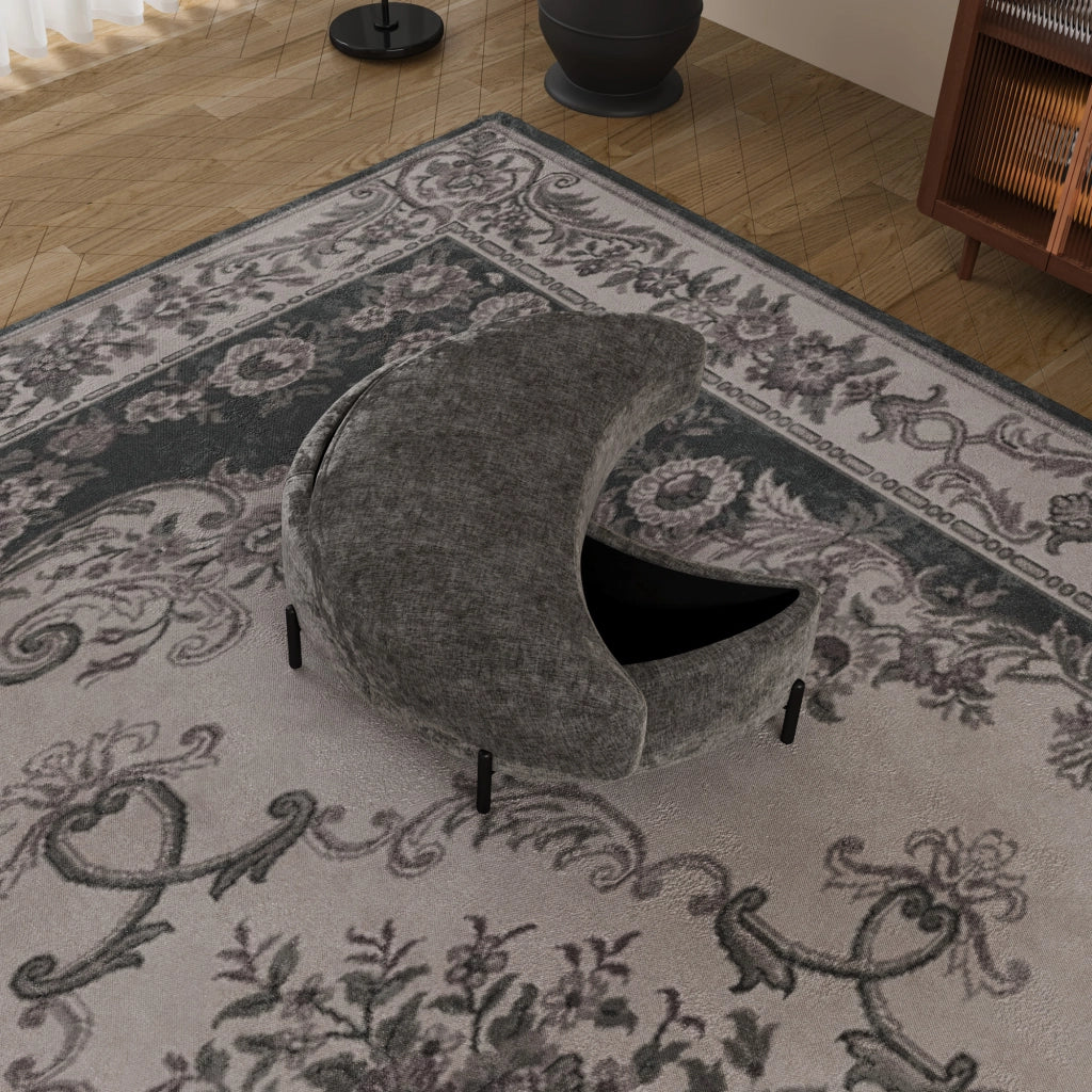 Pouf Contenitore Mezzaluna con Vassoio ¨C MINIMAL ¨C Tessuto Chenille, Grigio, Poggiapiedi