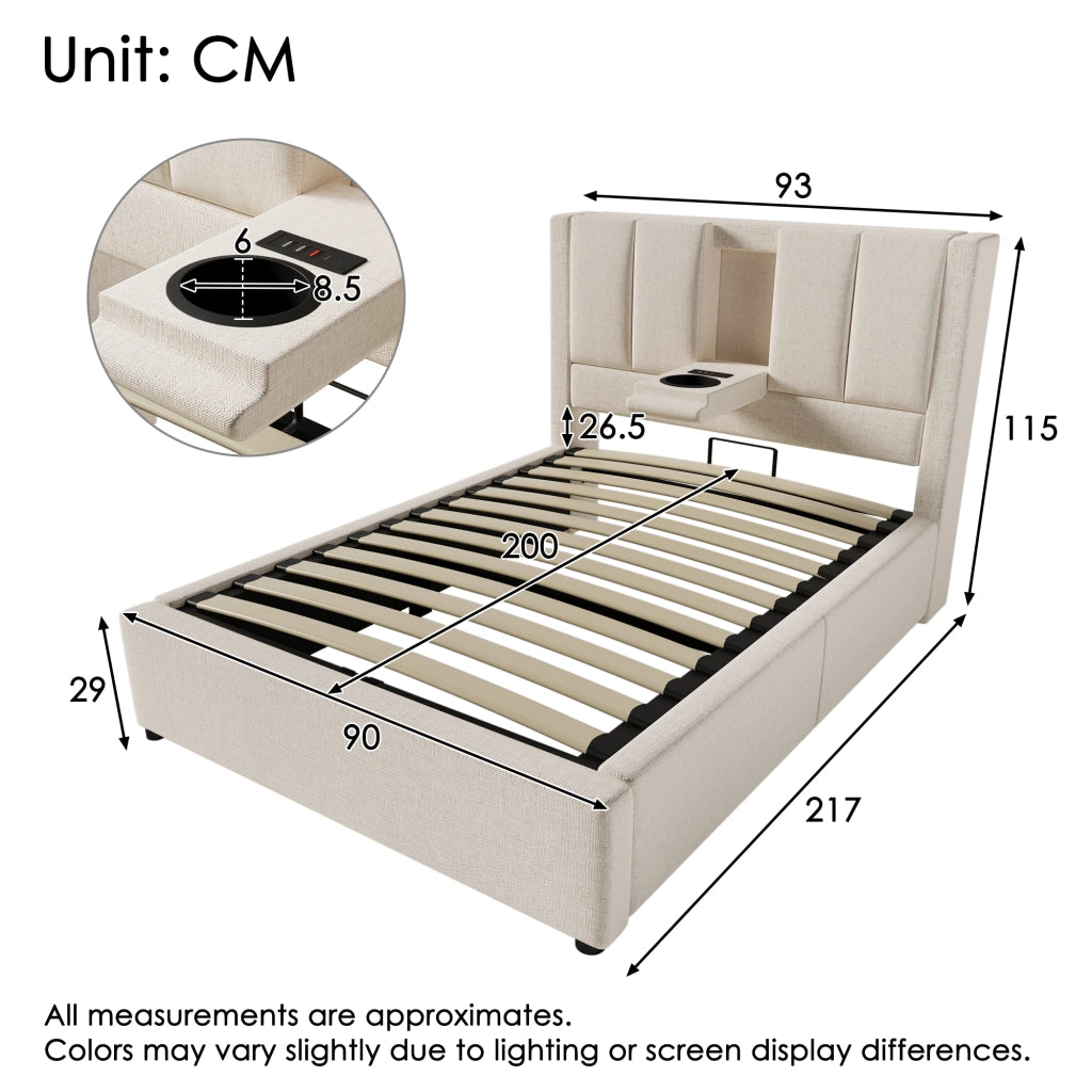 OKWISH Letto Contenitore 90×200 cm, Letto Singolo con Portabicchiere, USB, Tipo-C e Testiera Ribaltabile, con Materasso, in Lino, Beige