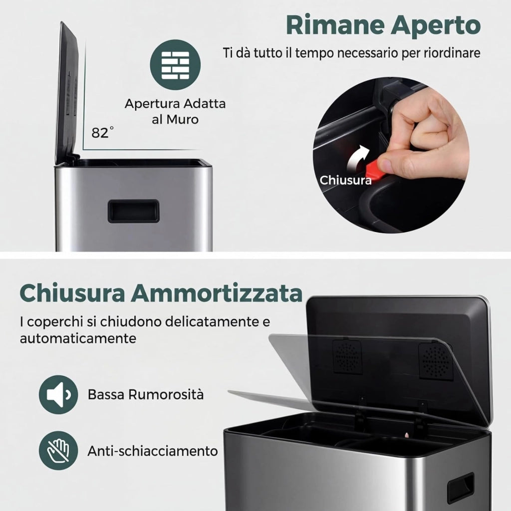 60 L Pattumiera Differenziata a 2 Scomparti, Bidone Raccolta Riciclaggio in Acciaio Inossidabile con 2 Secchi Rimovibili, Coperchio a Chiusura Ammortizzata, Pedale, Maniglie (Argento)