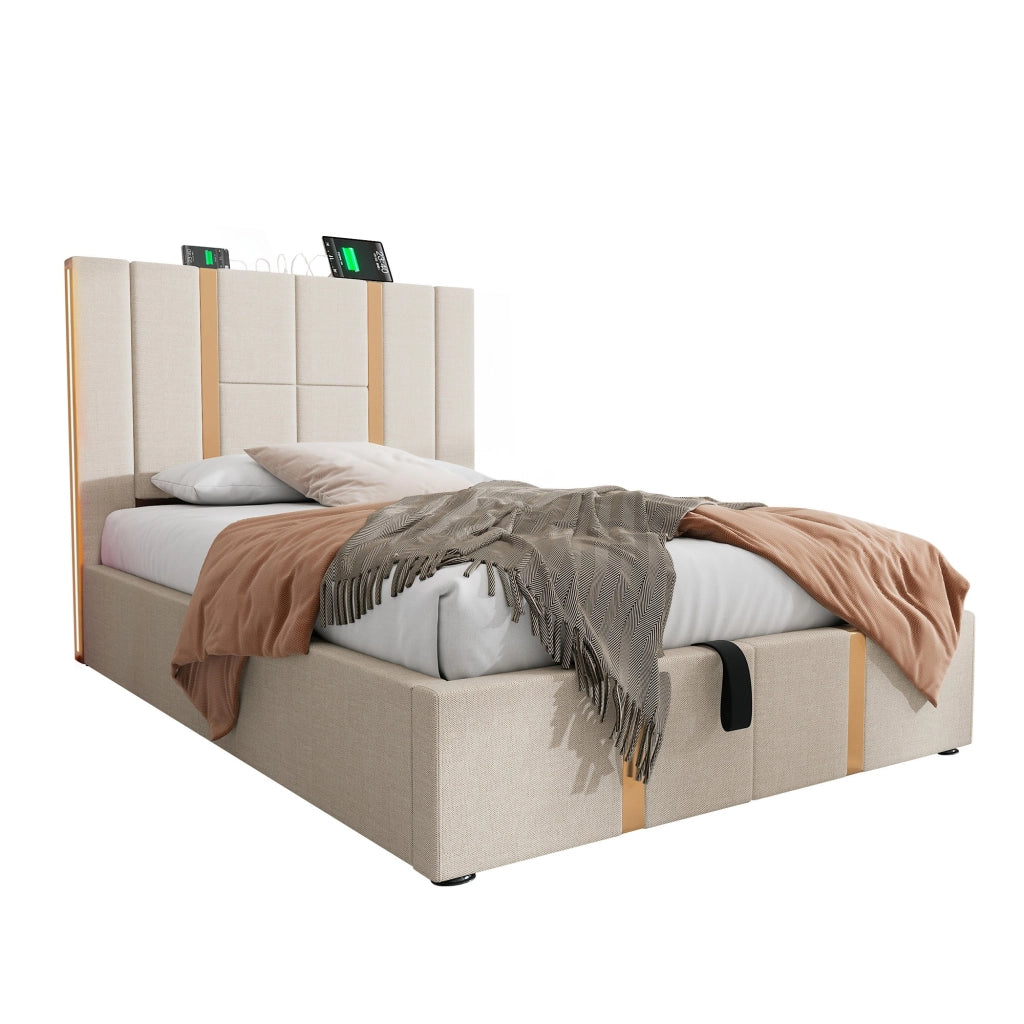 Letto imbottito singolo 90x200 cm con LED RGB, USB Type-C, contenitore salvaspazio e rete a doghe, beige
