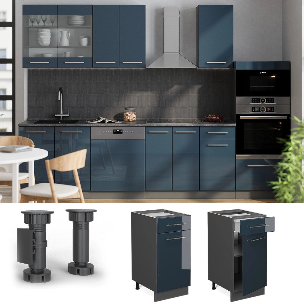 Mobiletto base per cucina Fame-Line Blu scuro lucido/Antracite 40 cm, PL Marmo Vicco