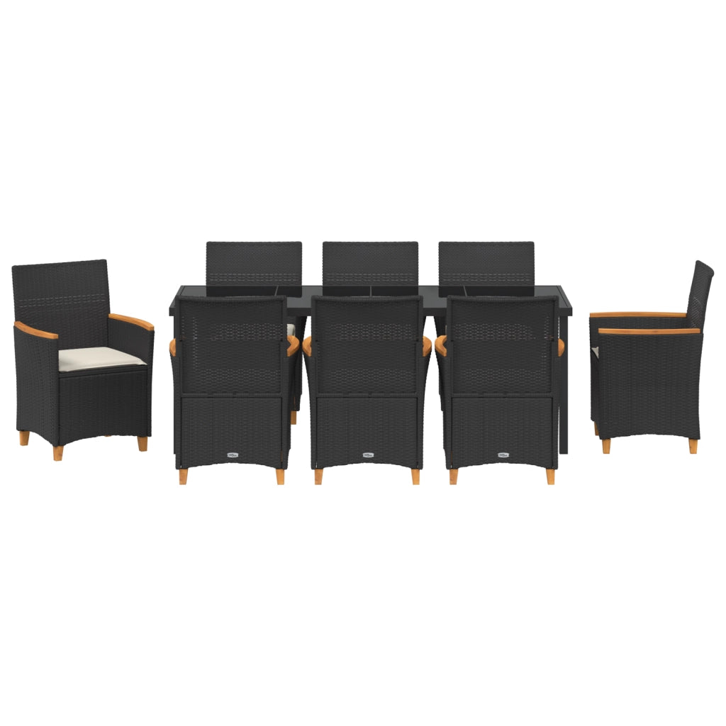Set da pranzo da giardino 9 pezzi con cuscini neri in polyrattan