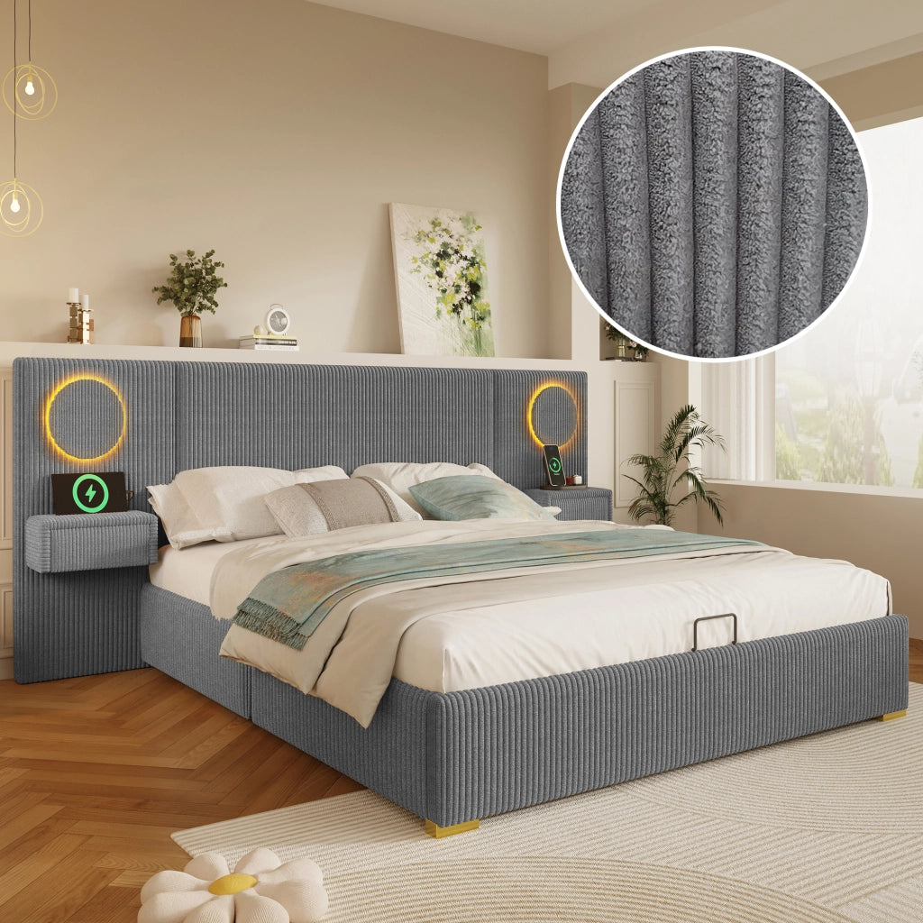 Letto contenitore 180 × 200 cm con sollevamento idraulico LED USB rivestito in velluto grigio