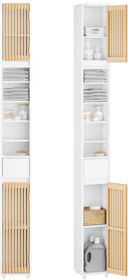 Mobile Bagno Salvaspazio Colonna Armadietto Alto con 6 Ripiani Regolabili, Colonna Bagno con Ante in Bambù, Mobile Alto e Stretto per Piccoli Spazi, Bianco, 20x20x180cm, BZR34-BW