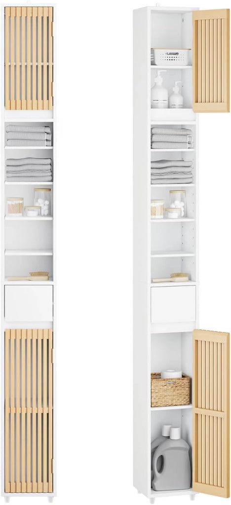 Mobile Bagno Salvaspazio Colonna Armadietto Alto con 6 Ripiani Regolabili, Colonna Bagno con Ante in Bambù, Mobile Alto e Stretto per Piccoli Spazi, Bianco, 20x20x180cm, BZR34-BW