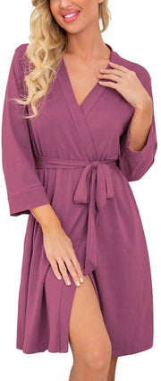Badia da camera con collo V per donne con maniche 3/4 e cappuccio, abbigliamento da notte a maglia a strisce (blu rosso, M)