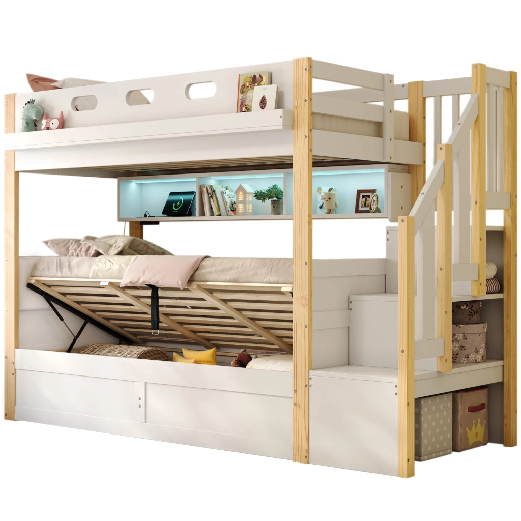 Letto a castello 90x200 cm con contenitore idraulico, LED, USB in pino e MDF bianco