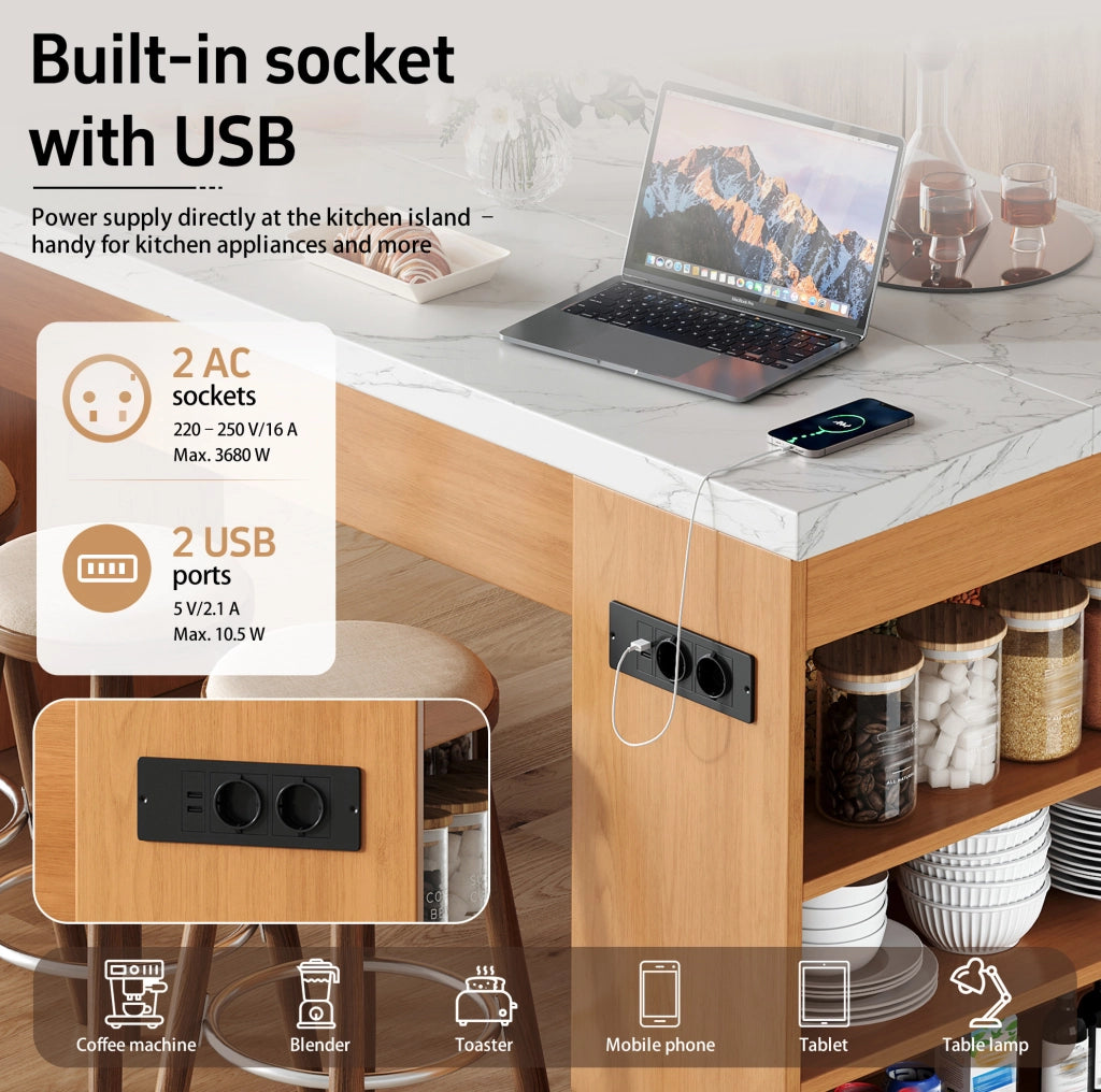 Isola da cucina 155x80x90 cm con LED; prese AC e USB; piano in MDF naturale e bianco