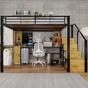 Letto a soppalco 140x200 cm in metallo e MDF con scrivania; armadio; scale contenitore; nero