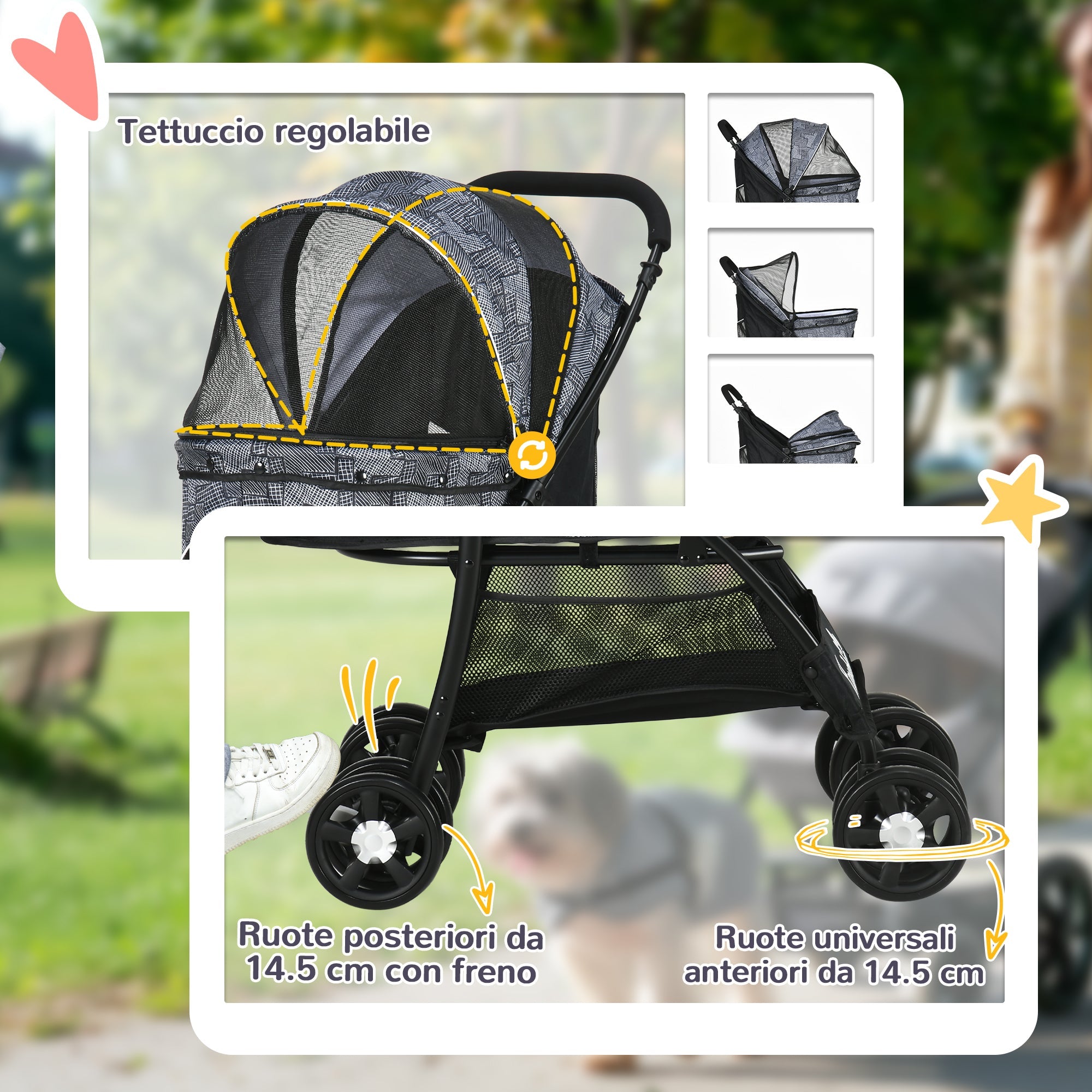Passeggino per Cani Taglia XS e S 81x48x99 cm con Cesto Cuscino e 2 Guinzagli Nero e Grigio