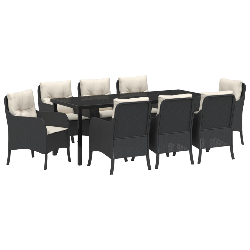 Set da Pranzo da Giardino 9 Pezzi con Cuscini Nero Rattan Polare