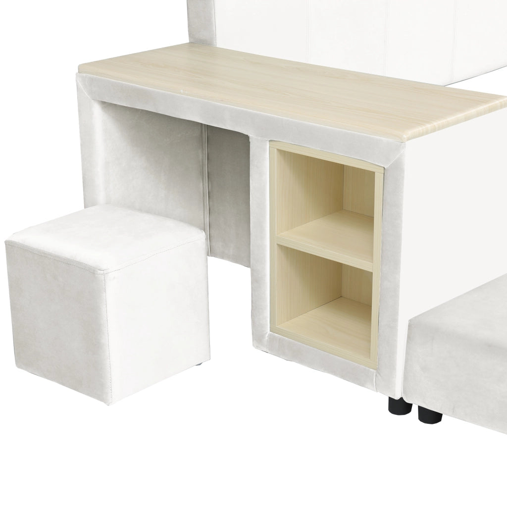 Letto imbottito per bambini 140x200 cm con scrivania e sgabello, velluto bianco