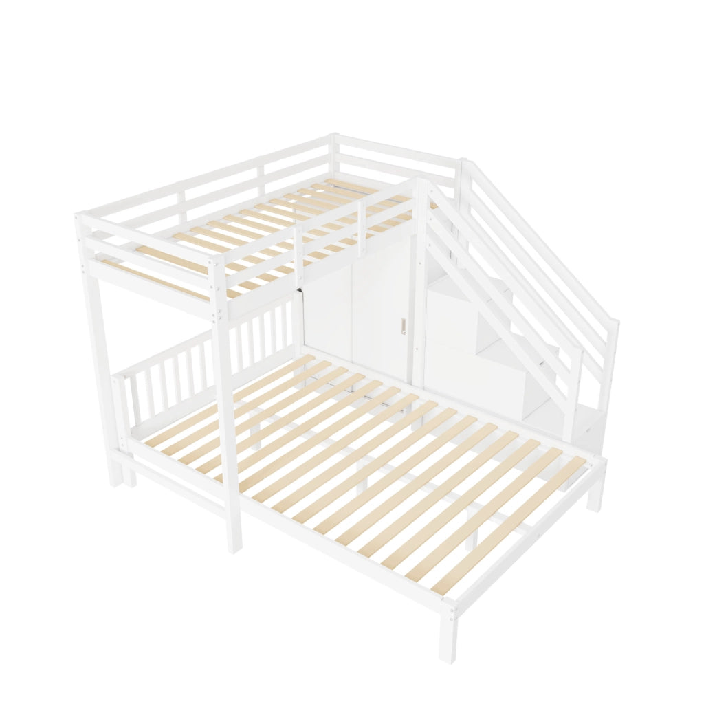 Letto a castello 90 × 200 cm e 140 × 200 cm con armadio, scala contenitore e sponde, senza materasso, bianco