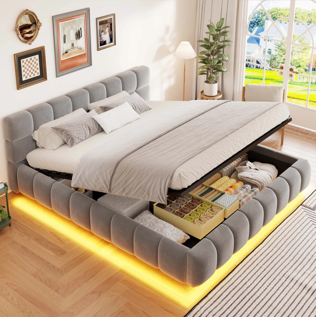Letto matrimoniale imbottito 160x200 cm in velluto grigio con LED e contenitore idraulico