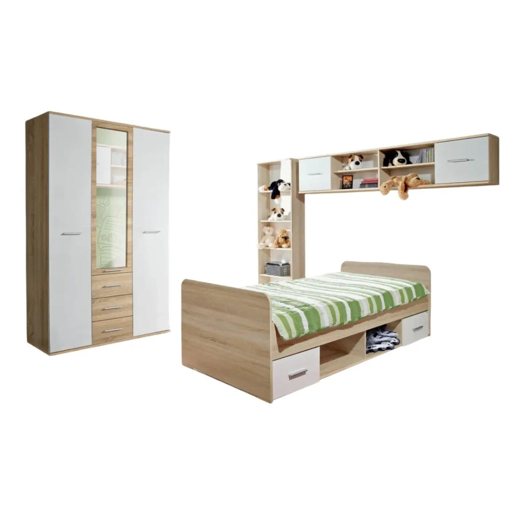 Camera completa per bambini e adolescenti, collezione DENVER. Armadio a 3 ante, letto, libreria e scaffale.
