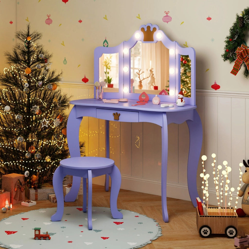 Set da trucco per bambini con specchio illuminato, Set da trucco con tavolo e sedia con specchio Viola