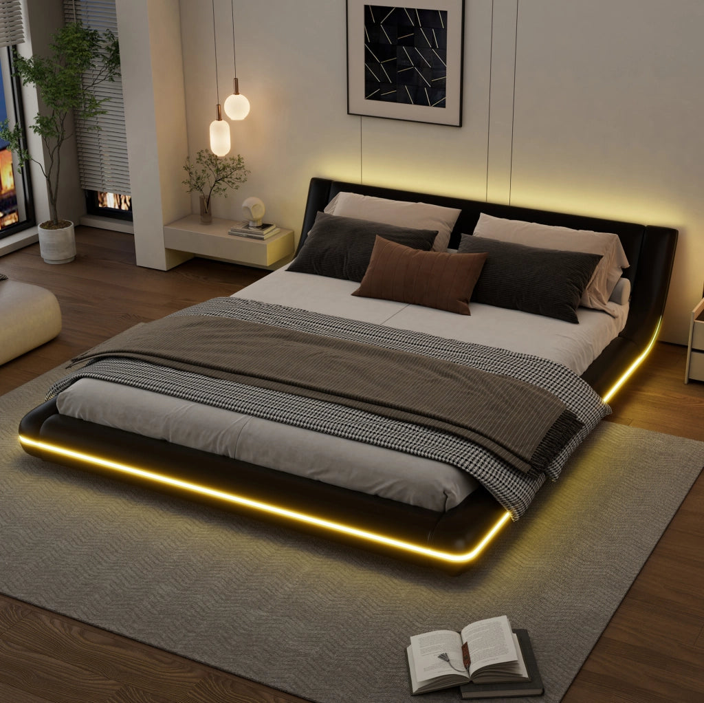 Letto a pavimento 160x200 cm in PU nero con LED