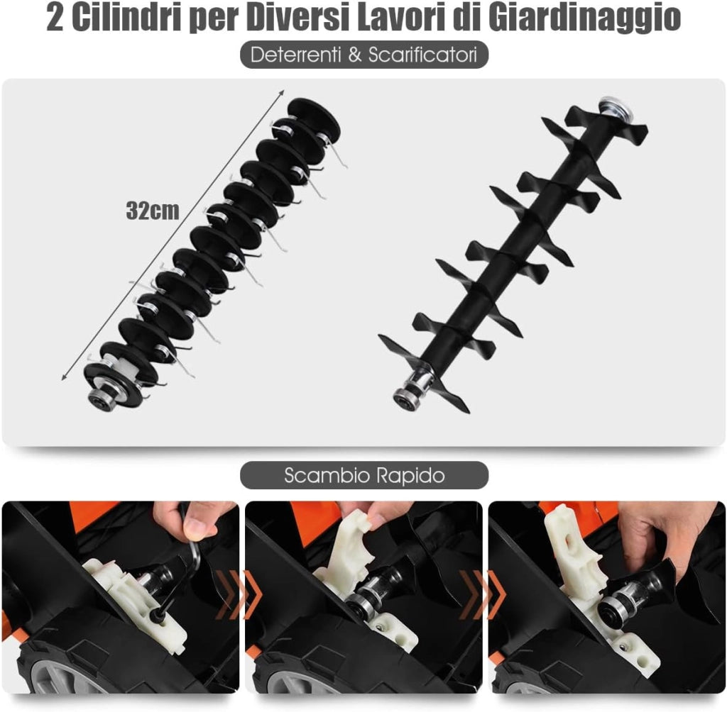 Scarificatore 2 In-1 per Prato, Arieggiatore Elettrico con Sacco Raccoglitore da 45L, Larghezza 38cm, con 3 Posizioni Regolabili, Scarificatore 1800W per Giardino Cortile (38 cm, Arancione)
