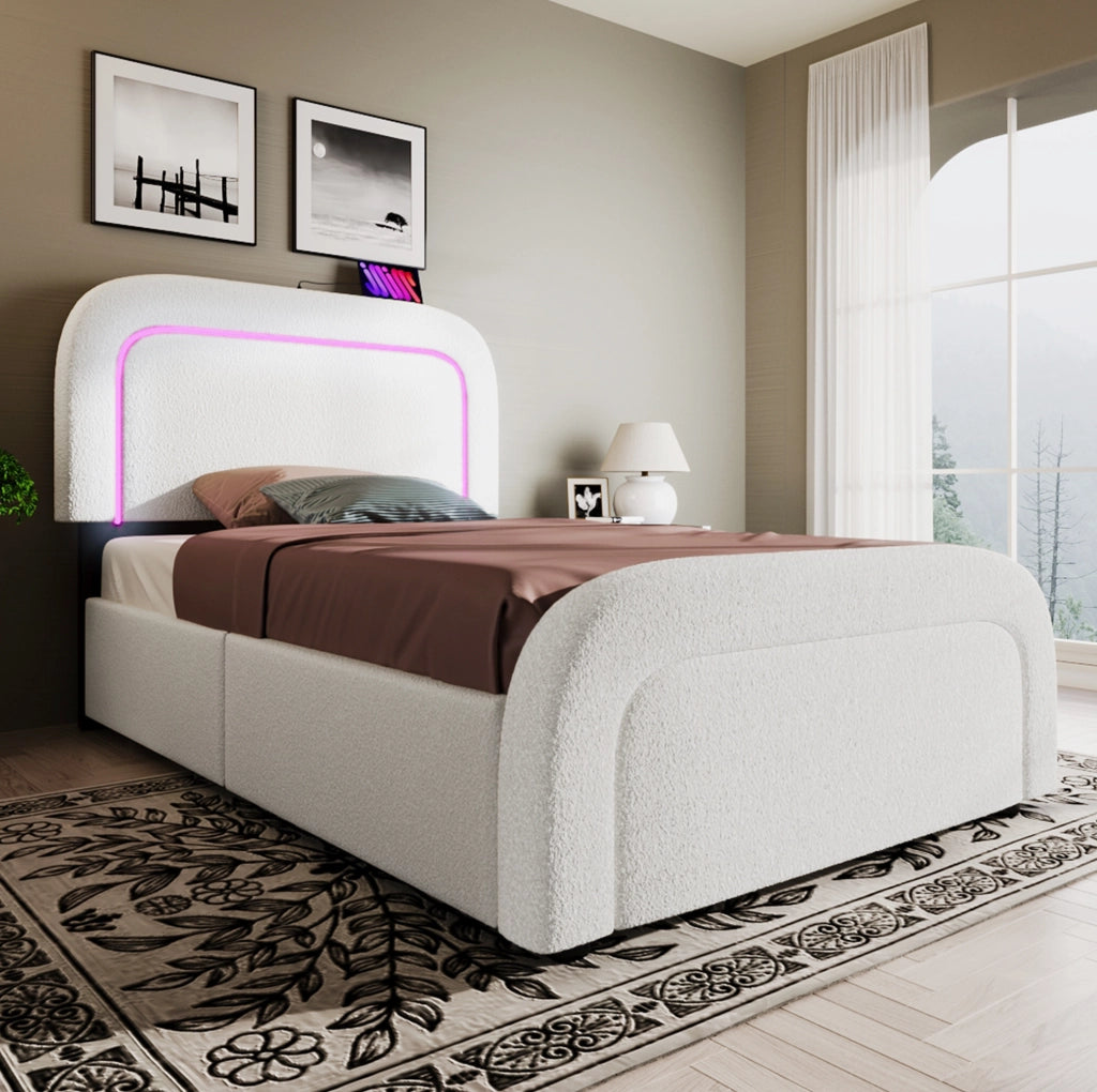 Letto singolo 90x200 cm con materasso, LED, USB Type-C e 2 cassetti