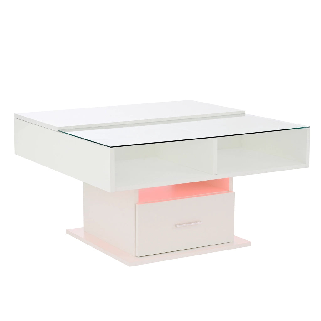 Tavolino da Salotto Sollevabile con 1 Cassetto e 1 Vano e LED; Finitura Lucida; in Pannelli di Truciolare; Bianco