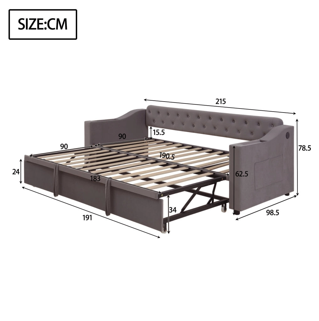 Divano letto imbottito 90x190 cm con USB e vani portaoggetti in velluto grigio