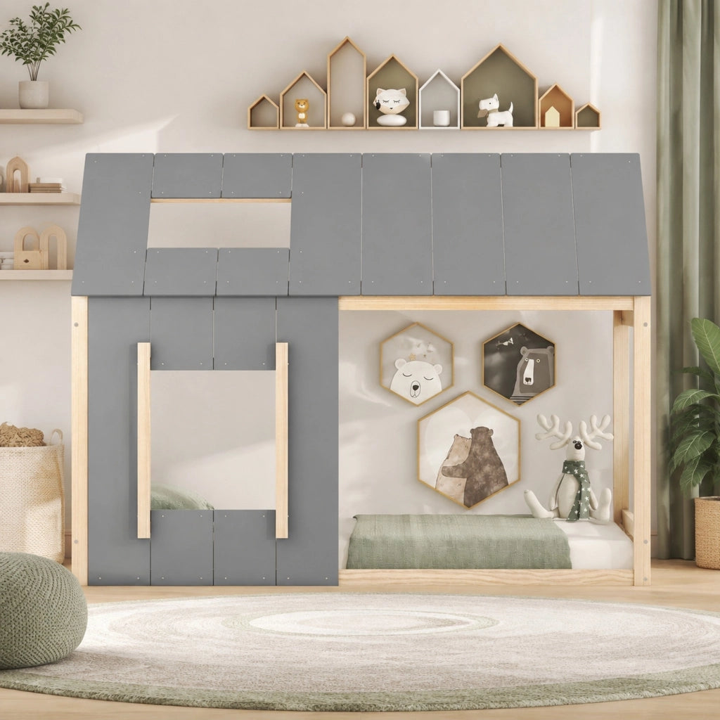 Letto per bambini a forma di casa 90 x 200 cm in pino e MDF, colore naturale, con tetto e finestra