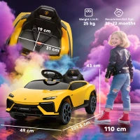 Auto elettrica per bambini 12V con telecomando 2,4 GHz, 2 motori, clacson, LED, musica, 101,5 x 49 x 43 cm, Giallo