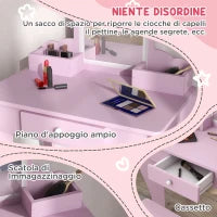 Set Toeletta per Bambina con Specchio Trucco e Sgabello Abbinato in Legno, Cassetto e Contenitori, Rosa
