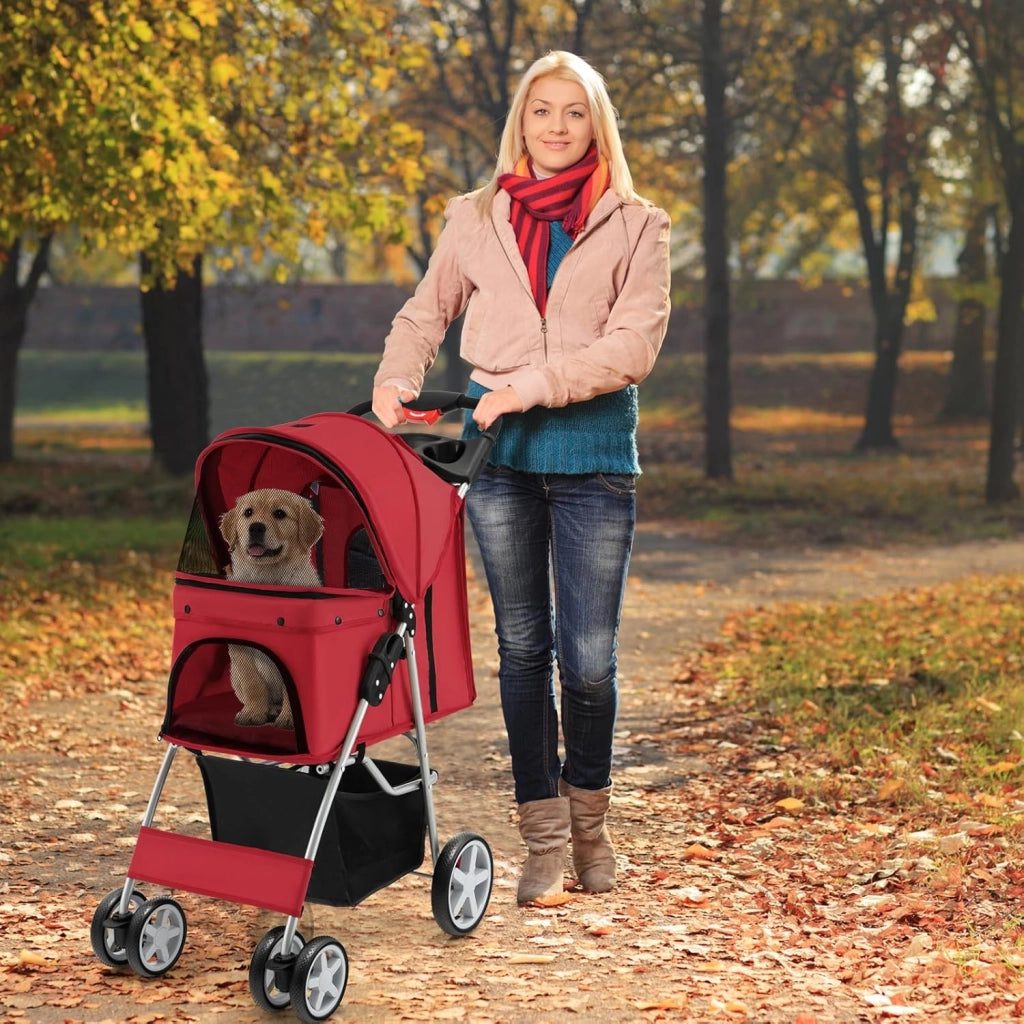 Passeggino per Cani e Gatti Pieghevole Fino 15 kg, Carrello per Animali Domestici, Trasportino Carrozzina Portatile da Viaggio e Passeggio con Tettuccio per Cuccioli, 87 x 46 x 102 cm (Rosso)
