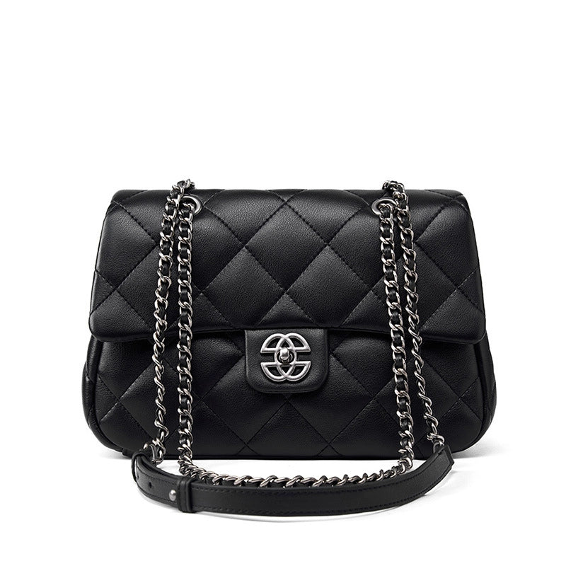 Borsa a tracolla da donna in vera pelle con catena a maglia romboidale, colore nero.