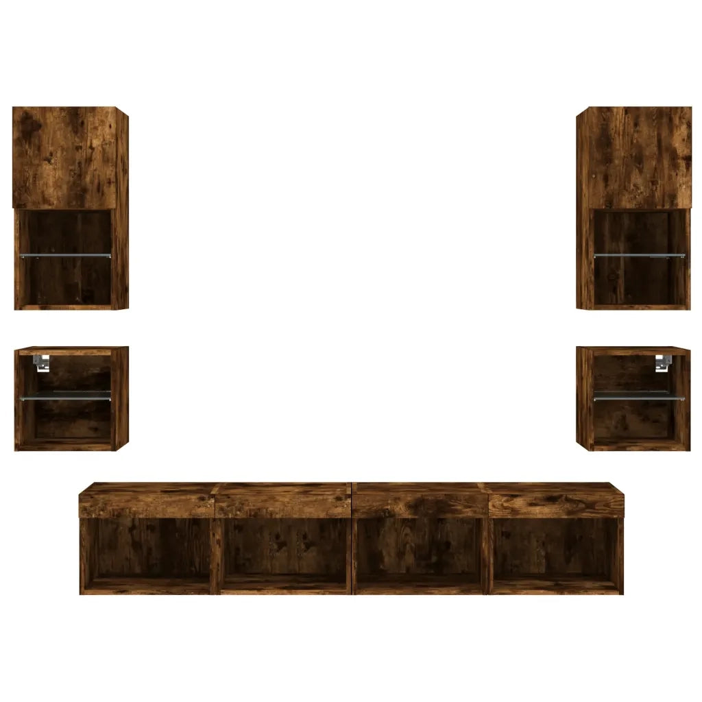 Mobili TV a Muro con LED 8pz Rovere Fumo in Legno Multistrato 3216594