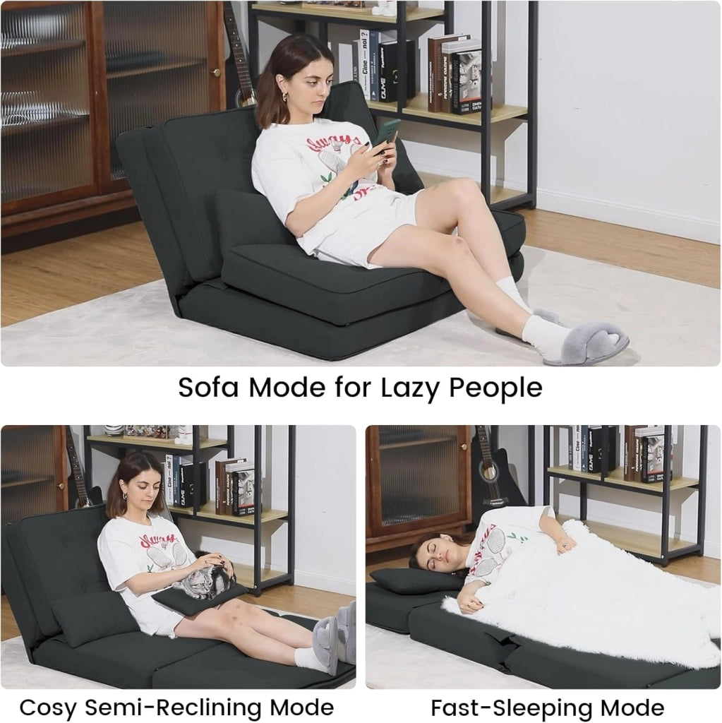 Divano Letto 2 Posti Pieghevole Letto Mobile Imbottito e Spalliera Divanetto Reclinabile Moderno con Gambe in Metallo Materasso ‎da Soggiorno e Degli Ospiti (Nero)