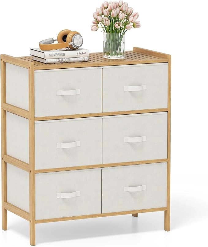 Cassettiera a 6 Cassetti in Bambù, Torre di Stoccaggio con Cassetti in Tessuto Pieghevoli e Ripiano Superiore, Organizzatore Verticale per Soggiorno Corridoio, 66x35x78,5 cm