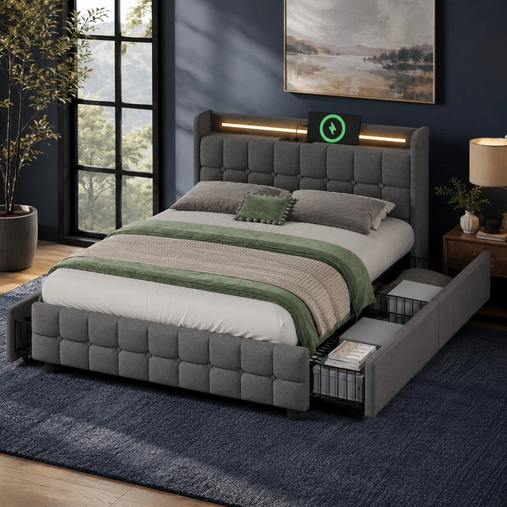 LETTO 160x200 cm Grigio in legno con 4 cassetti, LED, USB e prese