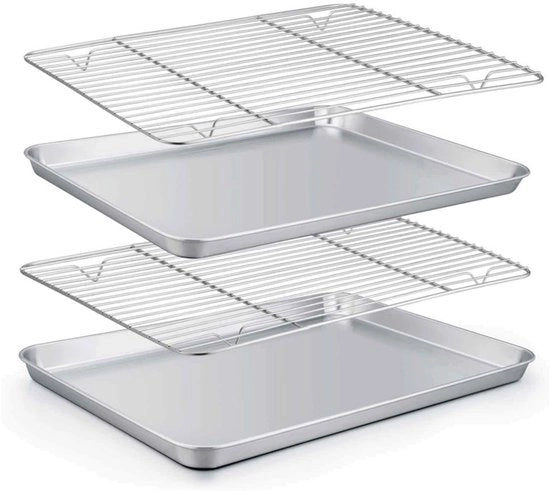 Piattaforma per forno quadrata con raffreddamento [2 piastre + 2 grate], acciaio inossidabile 430, facile da pulire, resistente al lavastoviglie, adatta alla cottura, piastre+reti lineari, 26,5*20,5*2,5cm